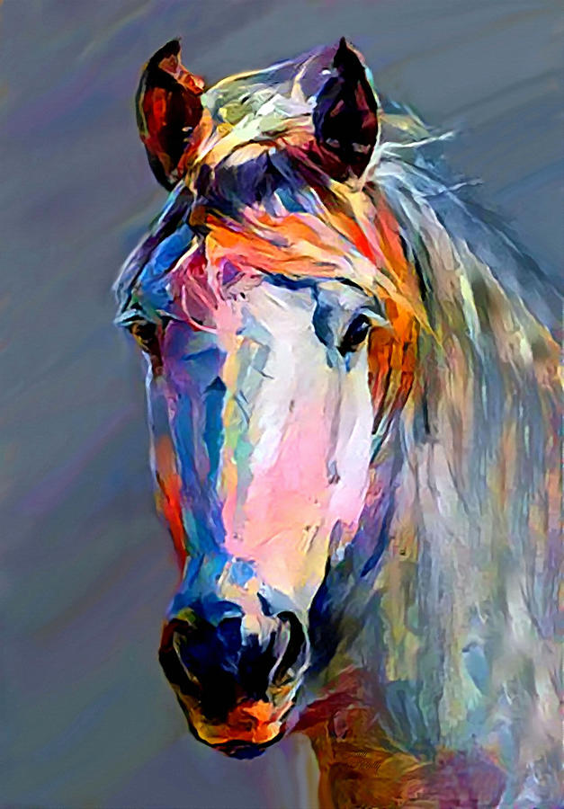 Colorful White Horse Portrait Mixed Media by Sandi OReilly