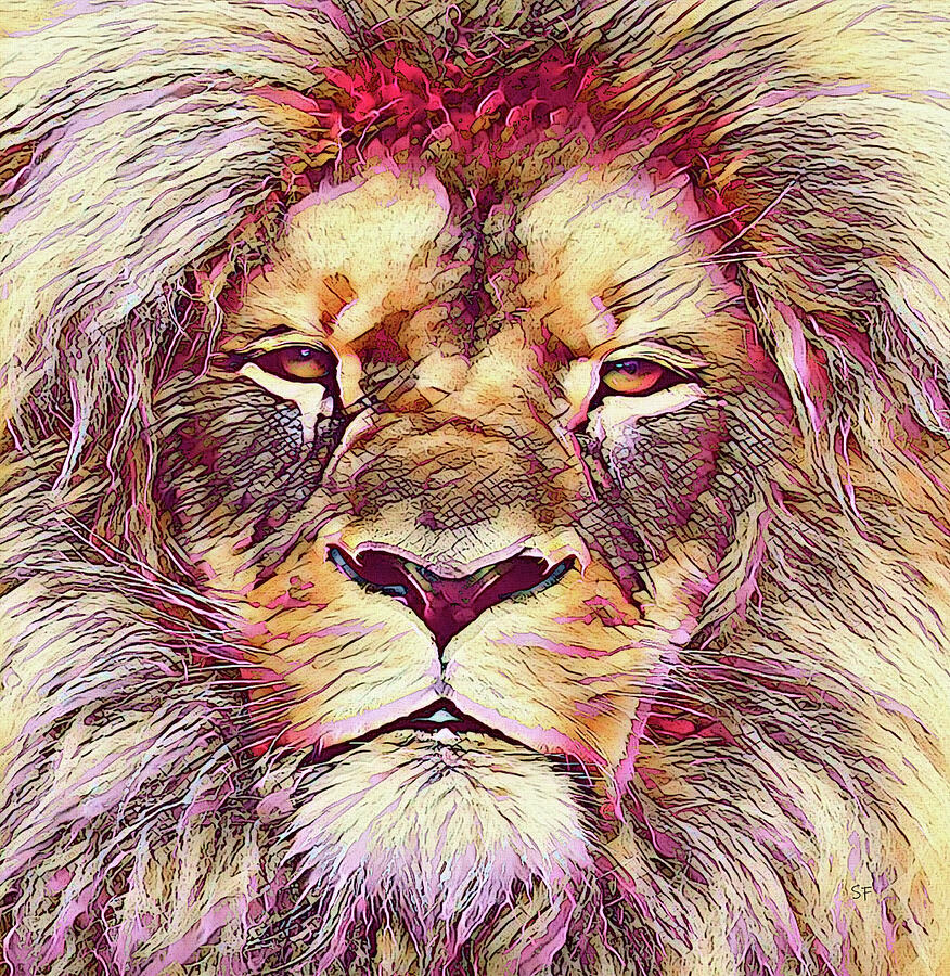 Colorful Wildlife Golden Pink African Lion Pop Art  Mixed Media by Shelli Fitzpatrick