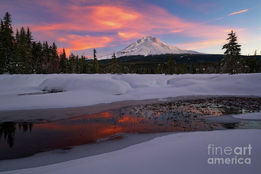 Colorful Winter Sunrise Overlooking Mount Hood from Government Camp Photograph by Tom Schwabel