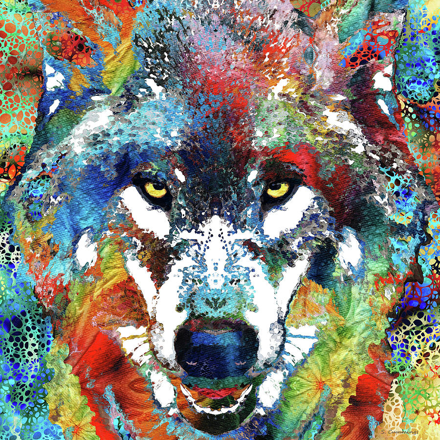 Colorful Wolf Art Hidden Gem Painting by Sharon Cummings