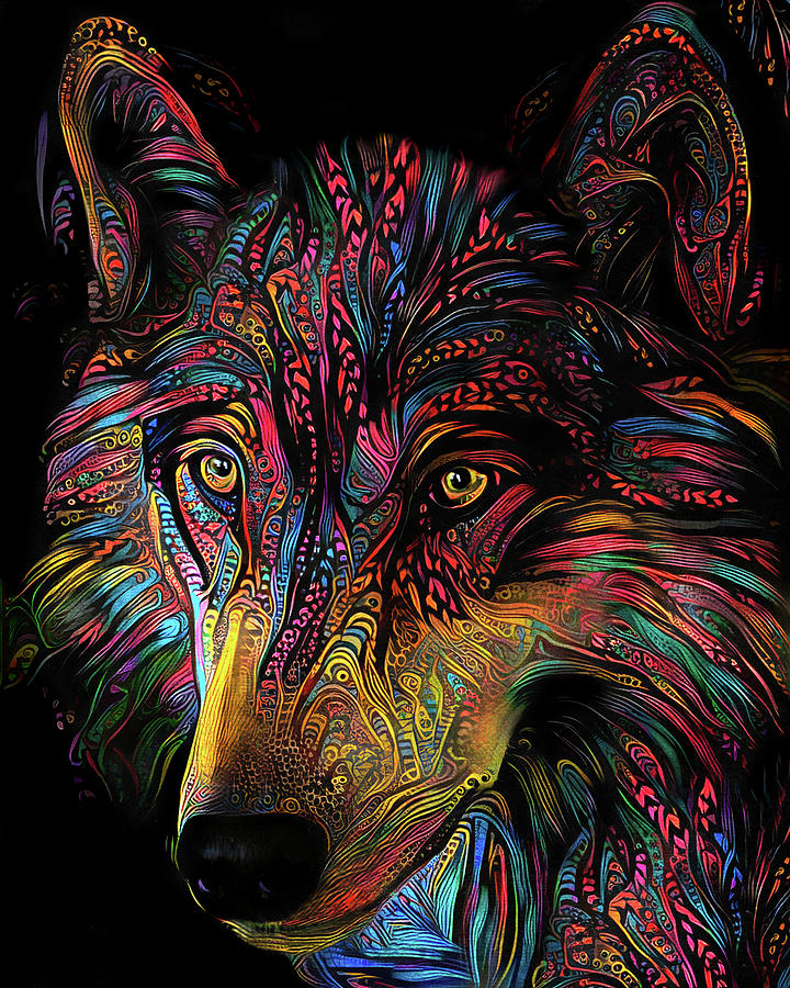 Colorful Wolf Portrait Digital Art by Peggy Collins