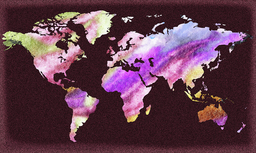 Colorful World Map Watercolor Silhouette With Dark Background II Painting by Irina Sztukowski