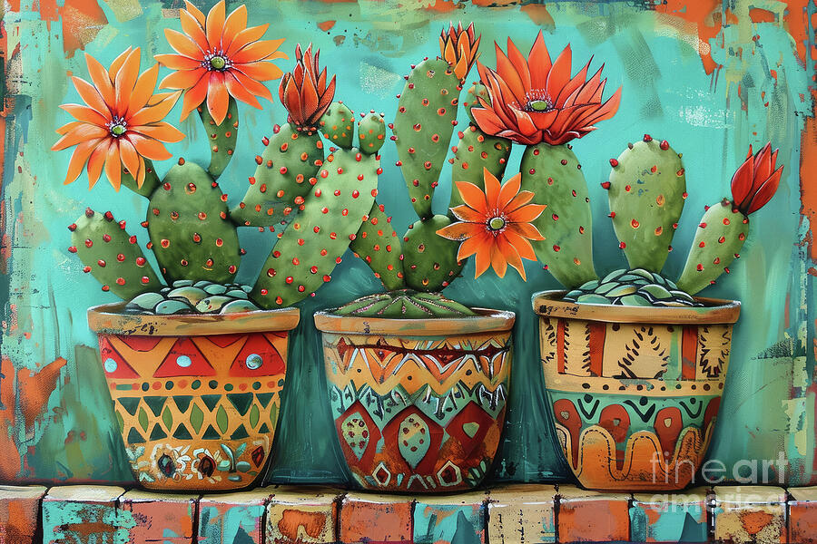 Colorful Potted Cactus Painting by Tina LeCour