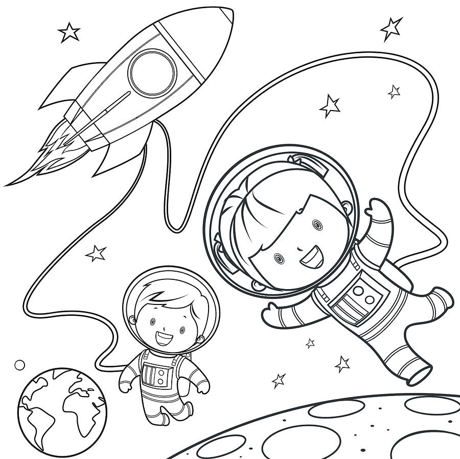 Coloring Book, Rocket during a space travel. Drawing by Pijama61