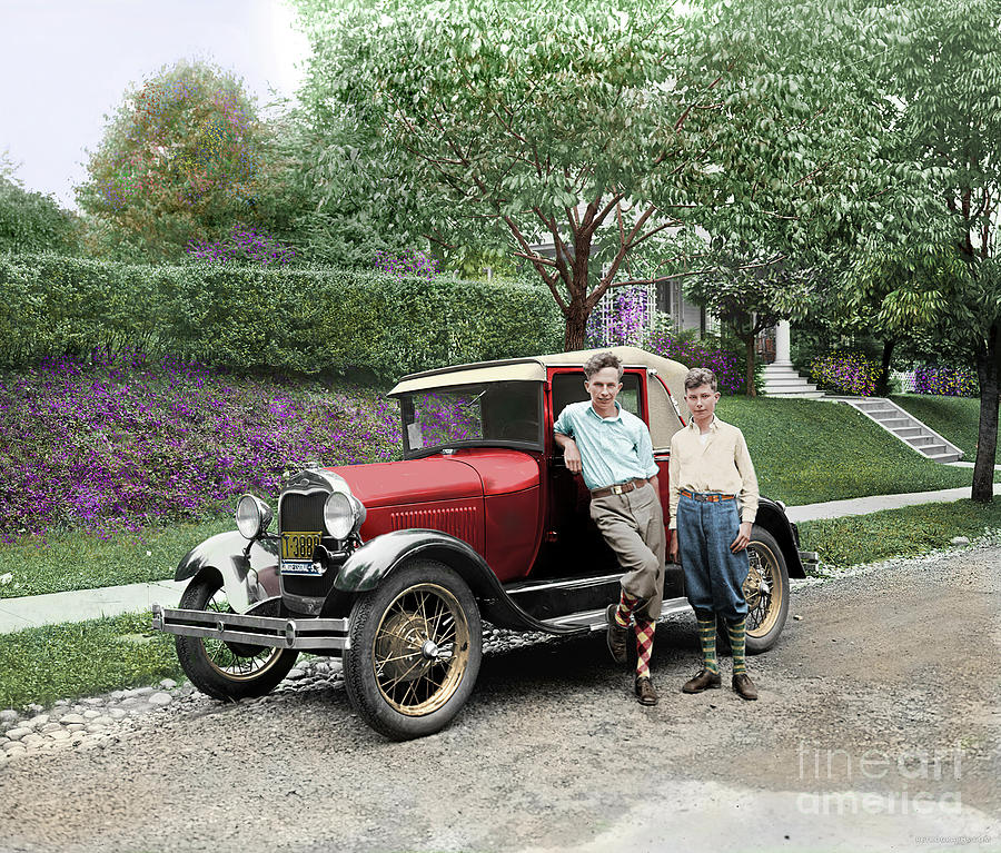 Colorized vintage photo of two boys and 1928 Model A Ford Photograph by Retrographs