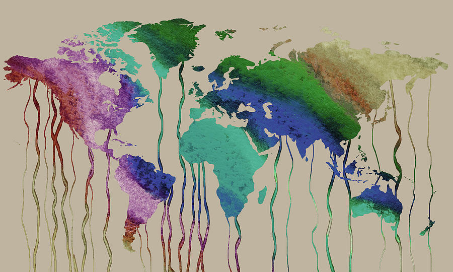 Colors On Beige Watercolor World Map Silhouette  Painting by Irina Sztukowski