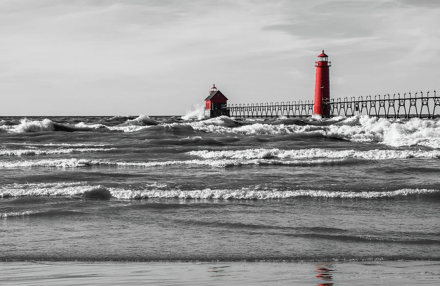 Colorsplash of Winter Waves, Grand Haven Lighthouse Photograph by Dawn Richards