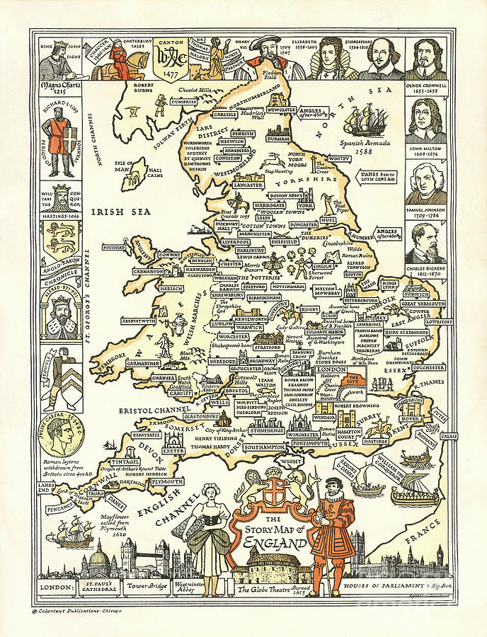 England Map Digital Art - Colortext Publications - The Story Map of England - 1935 by Vintage Map