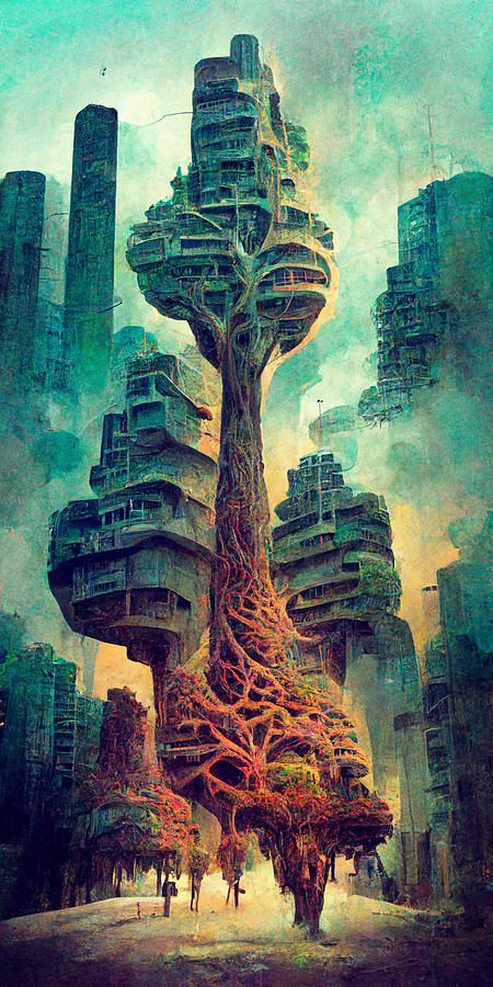 Colossal  Gnarled  Tree  Roots  Arcology  Megacity  Detai  A416a478  646e  424b  A55d  2aa6d4ecce1c Painting by MotionAge Designs