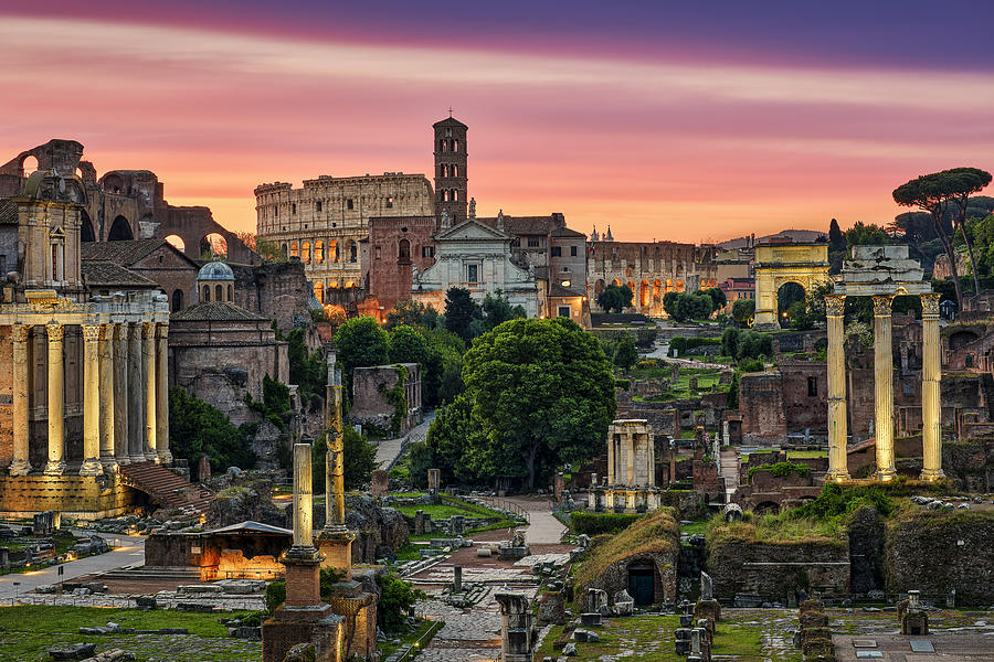Colosseum and Forum Romanum with triumphal arches at sunrise, Rome, Lazio, Italy Photograph by Harald Nachtmann