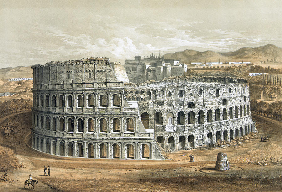 Colosseum at Rome Lithograph - Circa 1872 Painting by War Is Hell Store