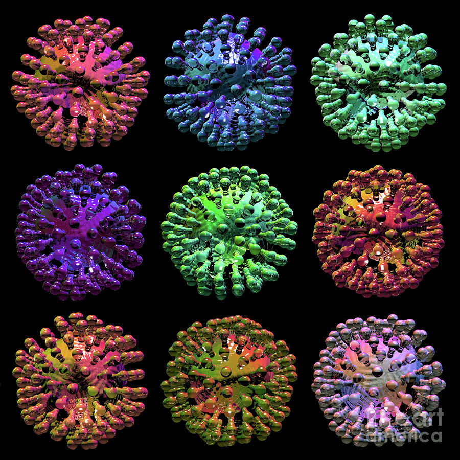 Coloured Coronavirus on Black Digital Art by Russell Kightley