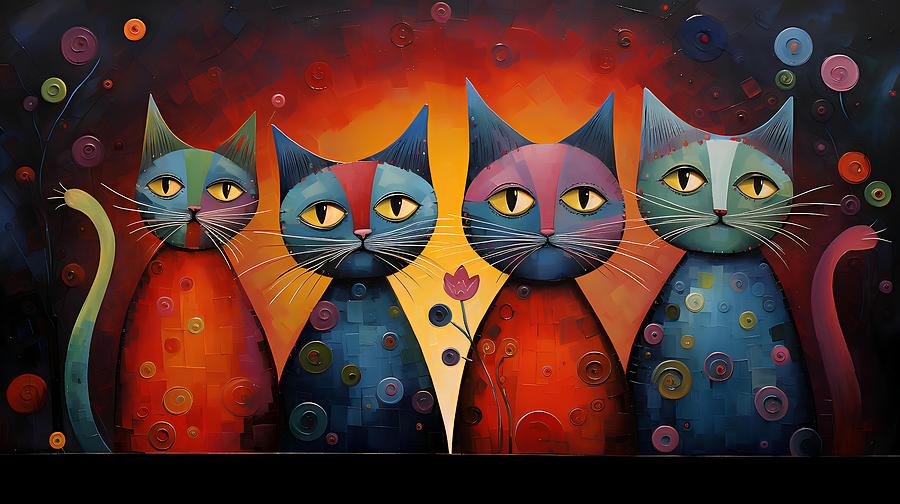 Colourful Cats Painting With Buttons On A Wall, In The Style Of 