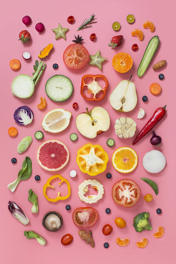 Colourful vegetables and fruits text space still life. Photograph by Twomeows