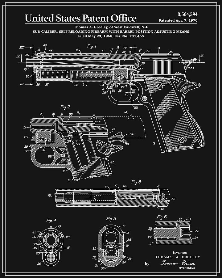 Black And White Digital Art - Colt 1911 Handgun Patent - Black by Finlay McNevin