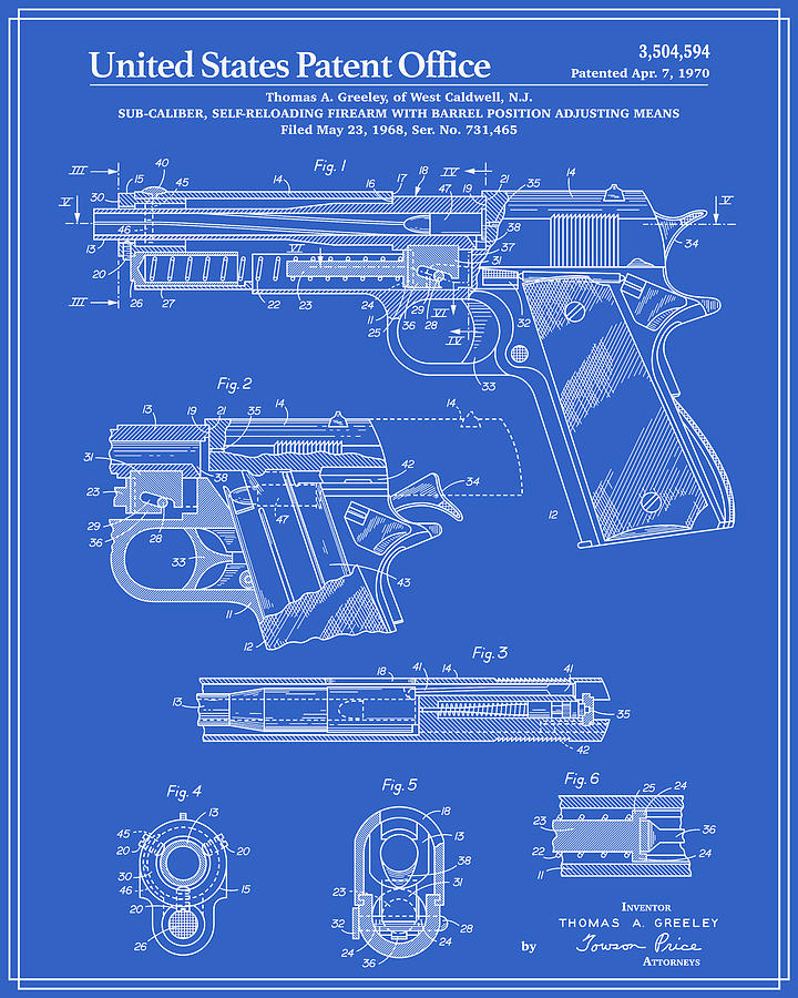 Colt 1911 Handgun Patent Blueprint Digital Art By Finlay Mcnevin Pixels