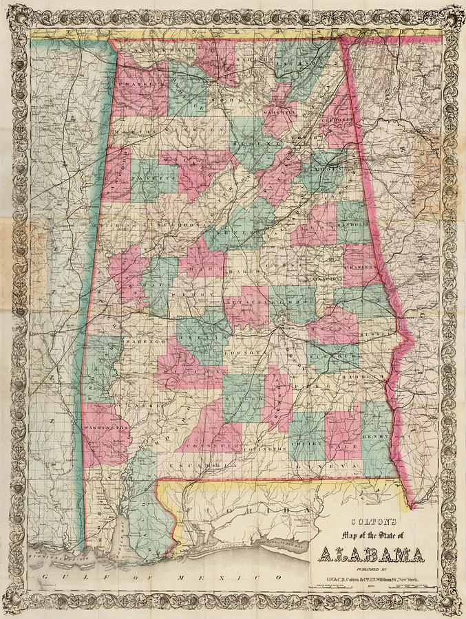 Colton s Map of the State of Alabama Pocket Map New York Painting by G ...