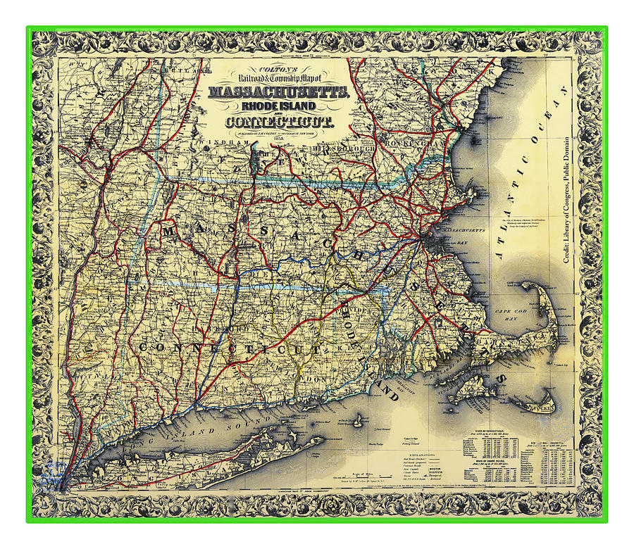 Coltons Railroad and Township Map of Massachusetts, Rhode Island, and Connecticut 1853 Digital Art by Chuck Mountain