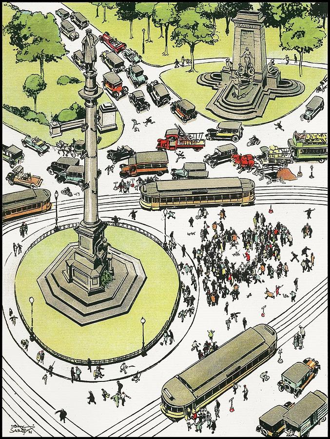 Columbus Circle in the 1920s - Iconic New York City scenes and sites Drawing by Tony Sarg