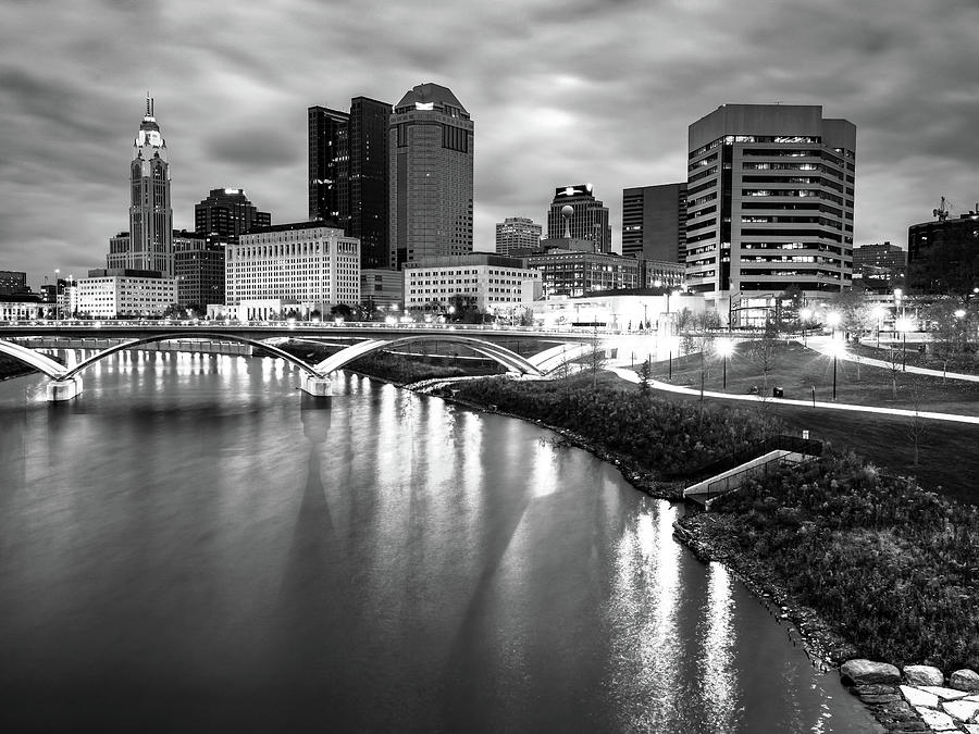 Columbus City Lights Over The Scioto - Black and White Photograph by Gregory Ballos