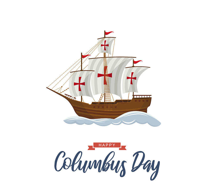 Columbus Day poster with sailing ship and waves. Vector Drawing by BojanMirkovic