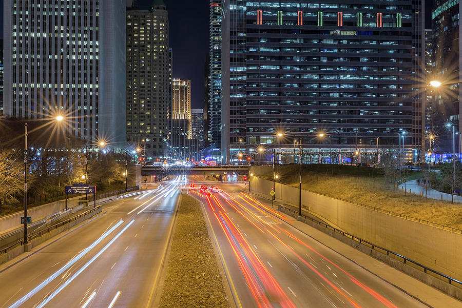 Columbus Drive at night full of car light streaks Photograph by Ognian ...