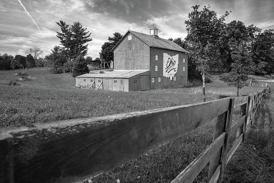 Black And White Photograph - Columbus Ohio Bicentennial Barn and Wooden Fence in Monochrome by Gregory Ballos