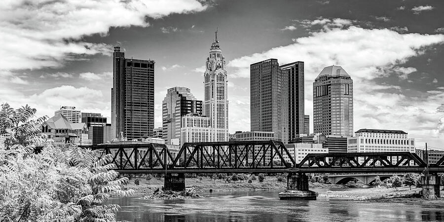 Columbus Ohio Bridge and Skyline BW Panorama From North Bank Park Photograph by Gregory Ballos