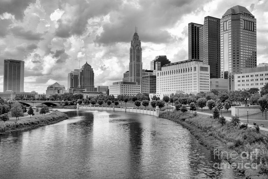 Columbus Ohio Reflections From The Rich Street Bridge Black And White Photograph by Adam Jewell