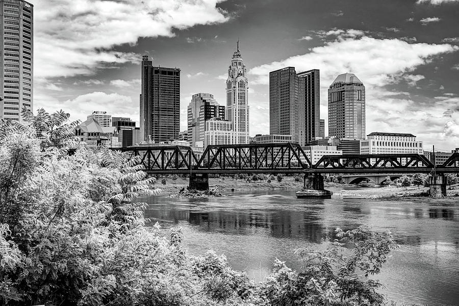 Columbus Ohio Skyline From North Bank Park in Black and White  Photograph by Gregory Ballos