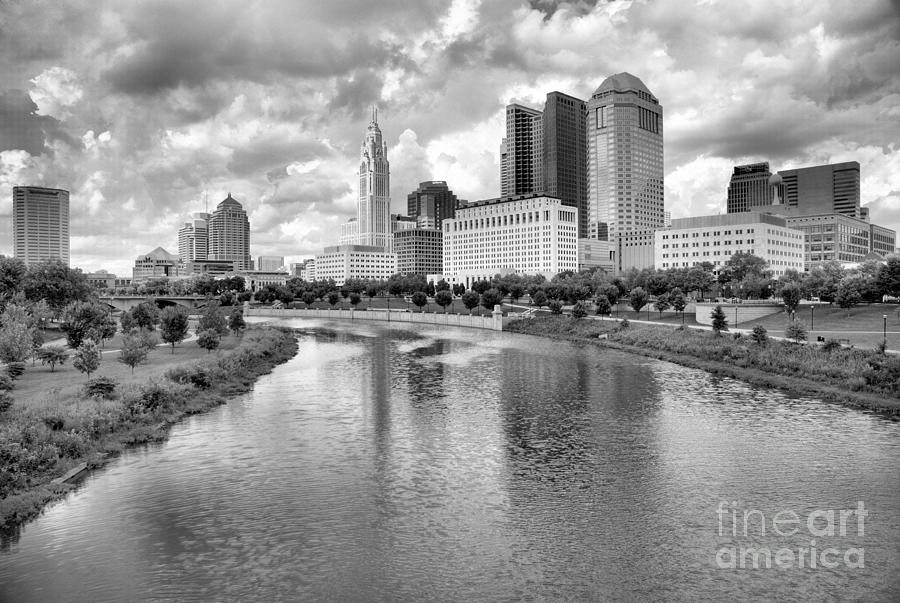 Columbus Ohio Skyline Reflections Black And White Photograph by Adam Jewell