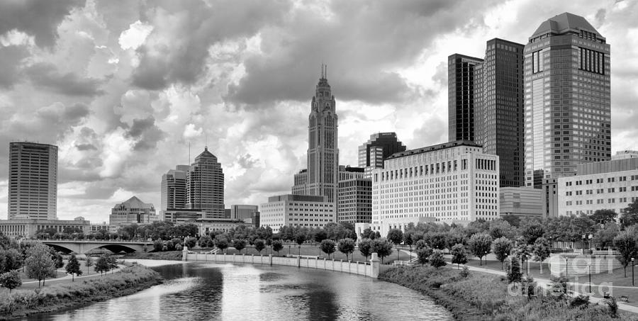 Columbus Ohio Skyline Reflections Panorama Black And White Photograph by Adam Jewell