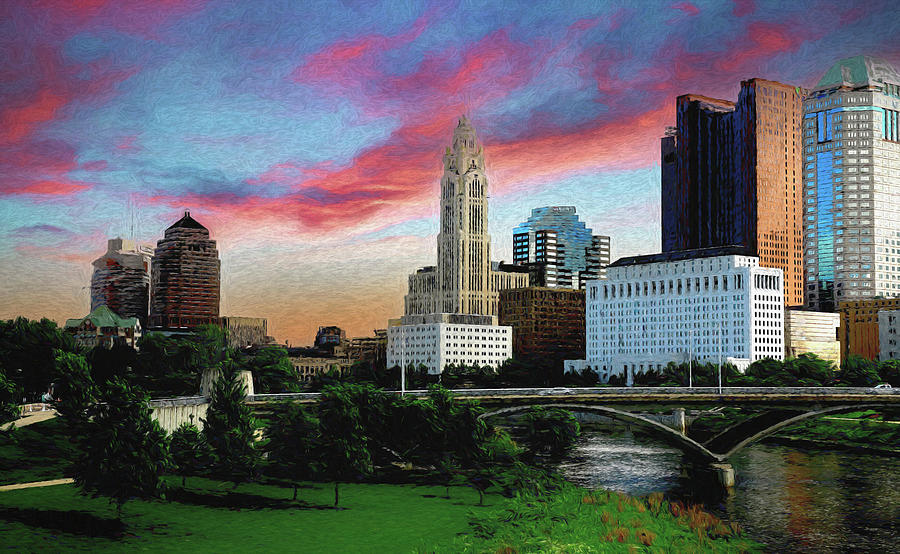 Columbus Ohio Sunset Skyline Painting by Dan Sproul