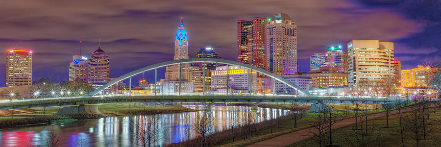 Columbus Skyline at Night Main Street Bridge Color Panorama Ohio Photograph by Jon Holiday