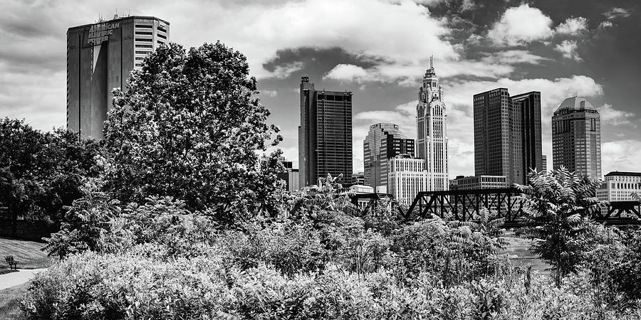 Columbus Skyline From North Bank Park - Black and White Panoramic View Photograph by Gregory Ballos