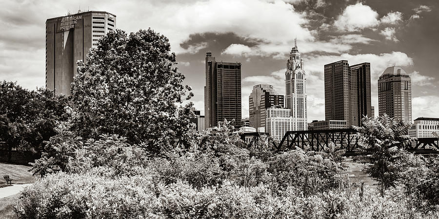 Columbus Skyline From North Bank Park - Sepia Panoramic View Photograph by Gregory Ballos