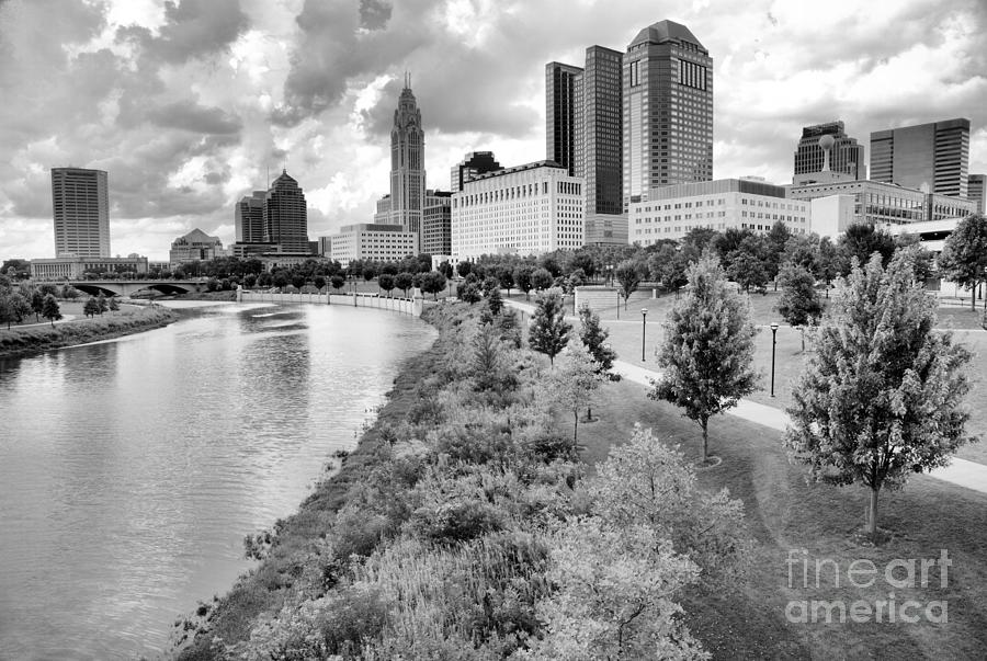 Columbus View Along The Scioto River Black And White Photograph by Adam Jewell
