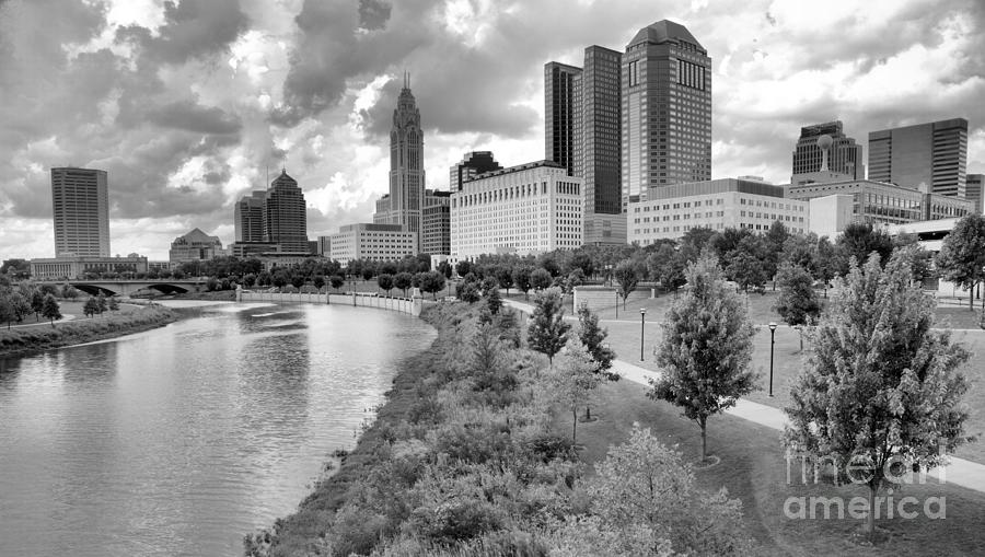 Columbus View Along The Scioto River Panorama Black And White Photograph by Adam Jewell