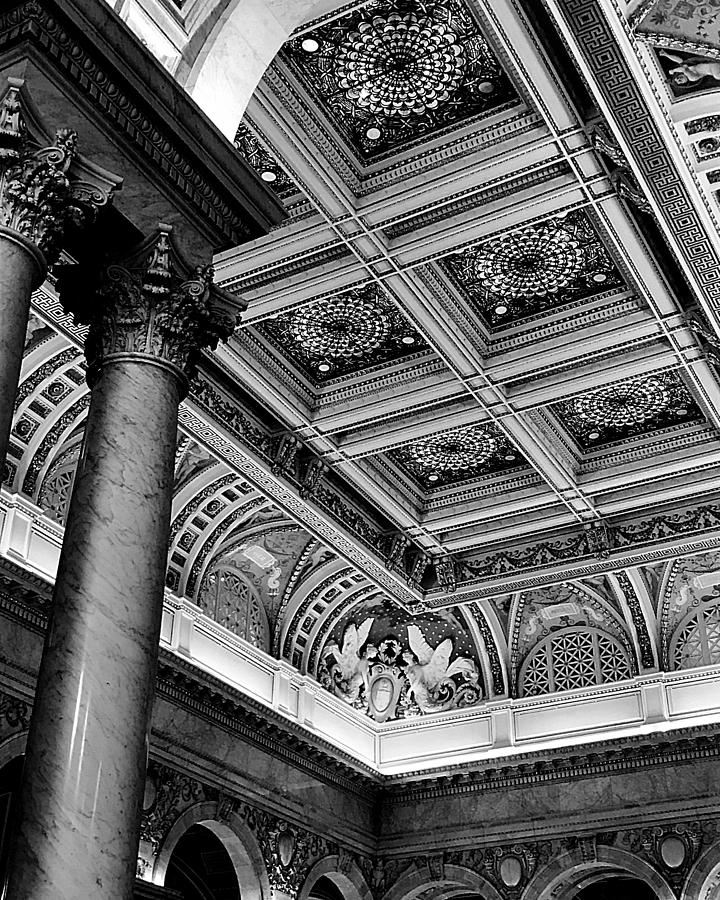 Column and Ornate Ceiling in BW Photograph by Lee Darnell