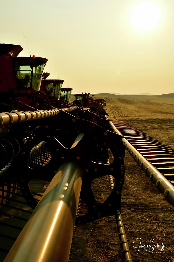 Combines At Sunrise Photograph by Jerry Sodorff