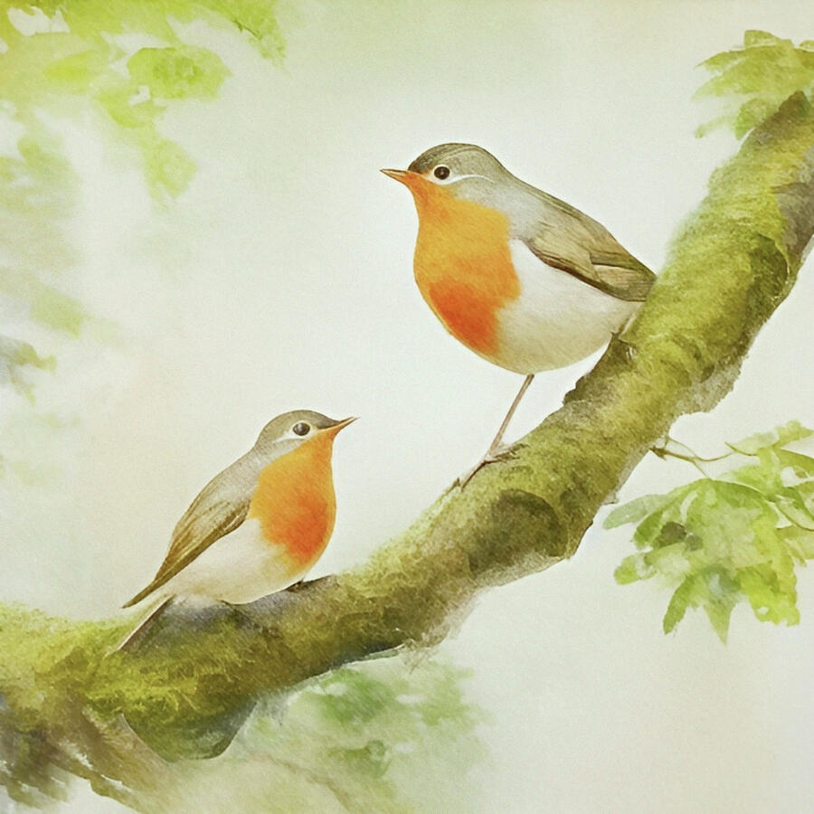 Come And Sing With Me. Two European Robins Perched On A Tree Branch Mixed Media
