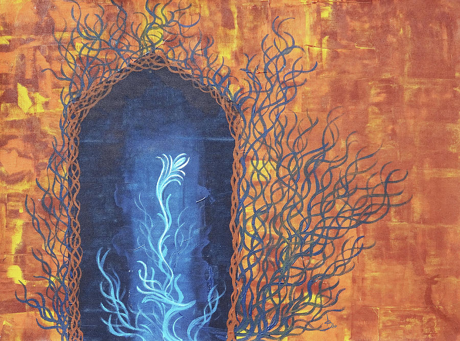 Spirit Flower in the Ancient Door - Acrylic Painting on Canvas, Floral Abstract Art Painting by Aneta Soukalova