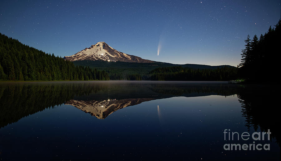 Comet NEOWISE Above Mount Hood from Trillium Lake in Oregon Photograph by Tom Schwabel