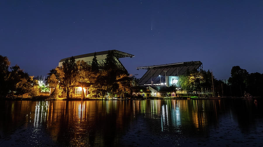 Comet Neowise and Husky Stadium in Purple Pano Photograph by Max Waugh
