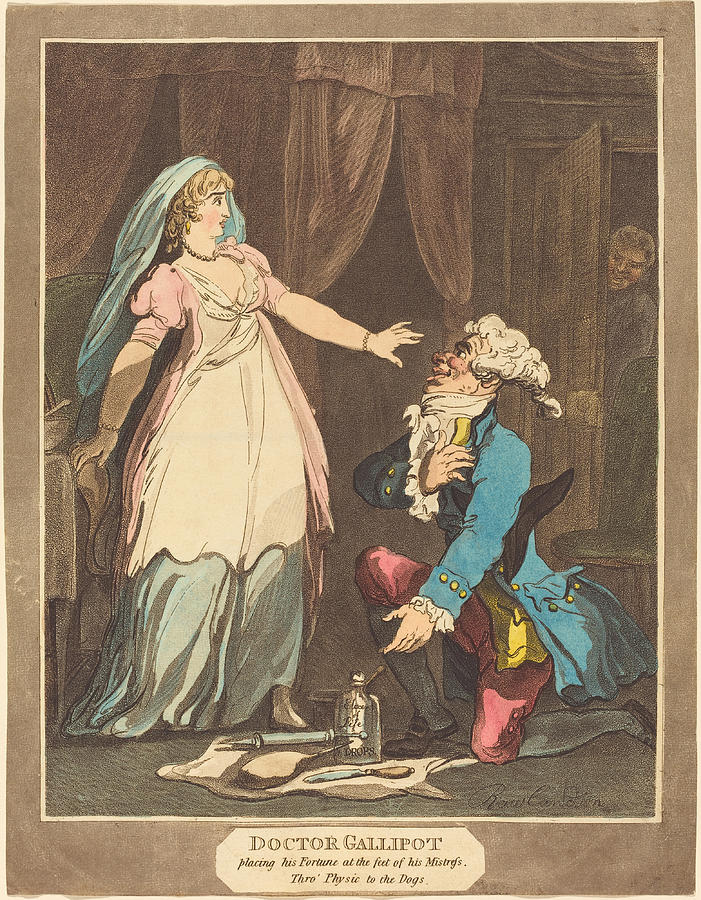 Comfort in the Gout Doctor Gallipot placing his Fortune at the feet of his Mistress Drawing by Thomas Rowlandson
