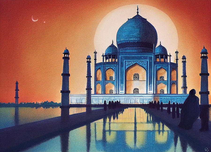 Comic  Book  Illustration  Of  Taj  Mahal  Moonlight  Cartoo  043f002645aa  3645563eb  64537645563 Painting