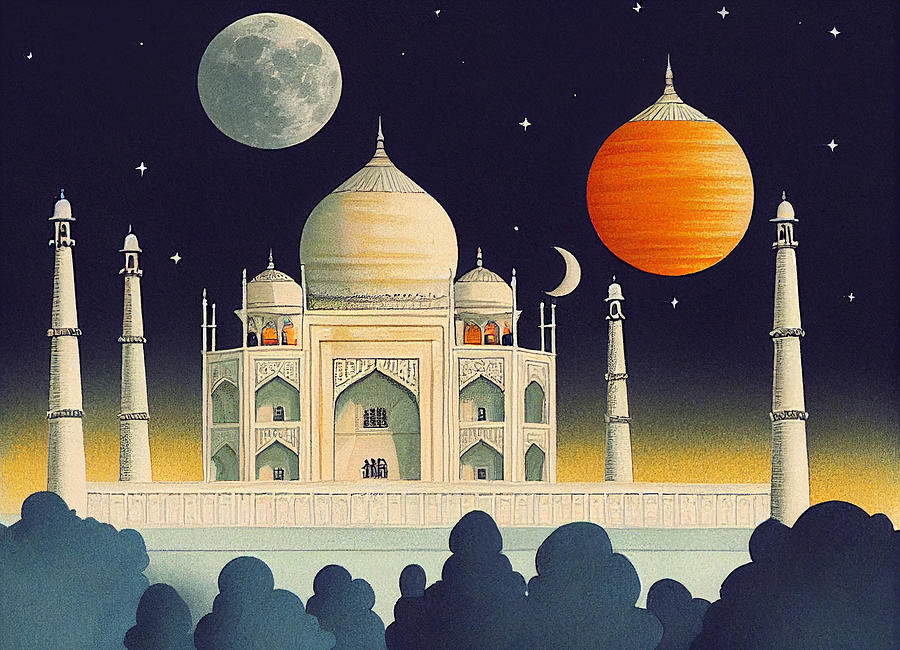 Comic  Book  Illustration  Of  Taj  Mahal  Moonlight  Cartoo  Bebfa64557  F645de  6456455632a  B6004 Painting