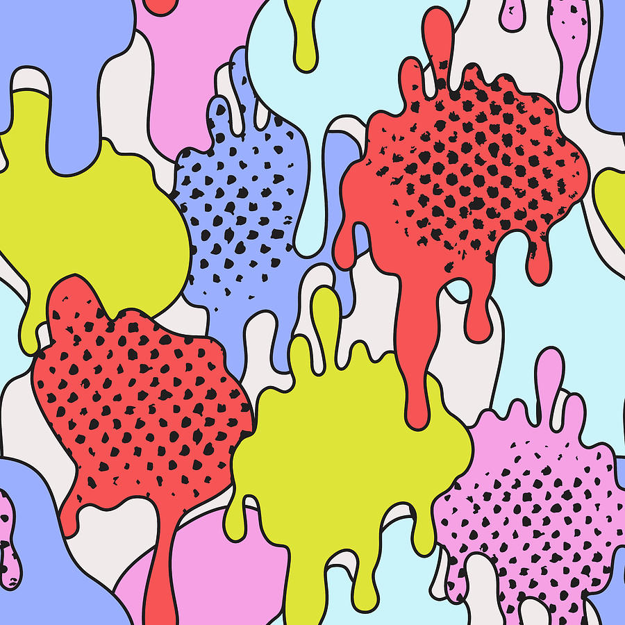 Comic Dripping Blots Background In Pop Art, Graffiti Style. Funky Paint Drips, Staines, Drops Seamless Pattern. Bold Illustration Drawing