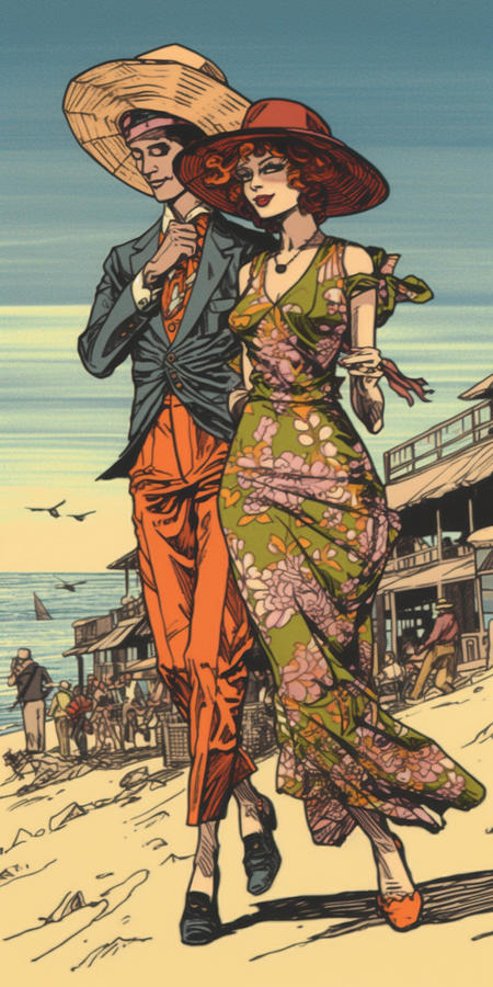 comic  of  beautiful  couple  walking  along  the  bea  ead  feb  a    ceffb, by Asar Studios Painting