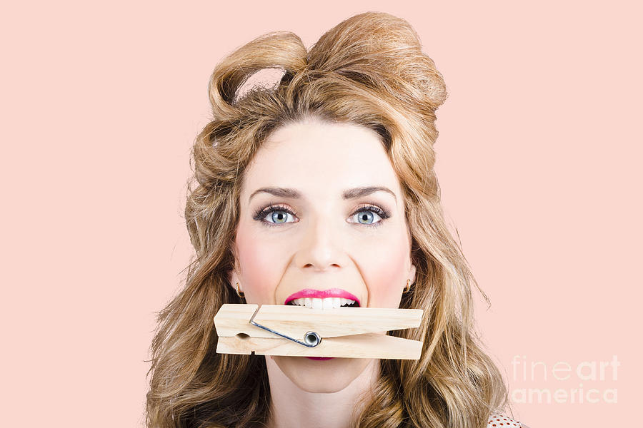 Comical Pinup Girl With Big Laundry Peg In Mouth Photograph By Jorgo Photography Fine Art America